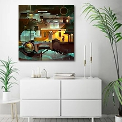 «Освещение механического города будущего» в интерьере светлой минималистичной гостиной над комодом