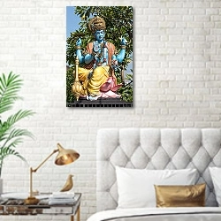 «Статуя Шивы, идол индусов в Убуд, Бали, Индонезия» в интерьере современной спальни в белом цвете с золотыми деталями