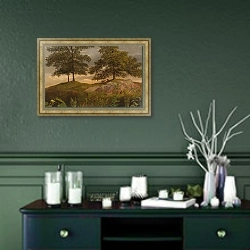 «Пейзаж с Коровами» в интерьере прихожей в зеленых тонах над комодом