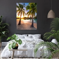 «Отдых на пляже в Карибском море на закате» в интерьере современной спальни с черными стенами
