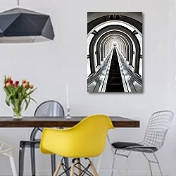 «Футуристический тоннель с эскалатором» в интерьере столовой в скандинавском стиле с яркими деталями