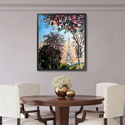 «Пейзаж с Эйфелевой башней и цветущими деревьями в Париже» в интерьере столовой в классическом стиле