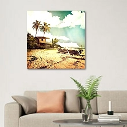 «Хижина и лодка на пляже» в интерьере современной светлой гостиной над диваном