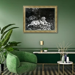 «Two Tigers, 1788» в интерьере гостиной в зеленых тонах