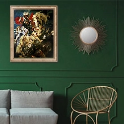 «St. George and the Dragon, c.1606» в интерьере классической гостиной с зеленой стеной над диваном