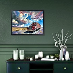 «Driving in any weather» в интерьере прихожей в зеленых тонах над комодом