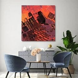 «Современный город в лучах закатного солнца» в интерьере современной гостиной над комодом