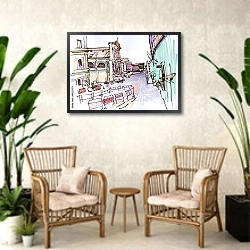 «Уличное кафе в Италии, эскиз» в интерьере комнаты в стиле ретро с плетеными креслами