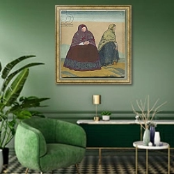 «Costume design for Rimsky-Korsakov's opera 'The Tale of Tsar Saltan', 1919» в интерьере гостиной в зеленых тонах