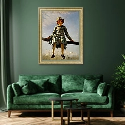 «Стрекоза. Портрет дочери художника» в интерьере зеленой гостиной над диваном