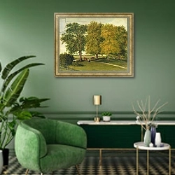 «Herder with Cattle beneath Autumnal Trees, c.1821» в интерьере гостиной в зеленых тонах