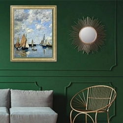 «The Jetty at High Tide, Trouville» в интерьере классической гостиной с зеленой стеной над диваном