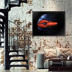 «Lobster on Tiffany Plate» в интерьере двухярусной гостиной в стиле лофт с кирпичной стеной