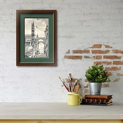 «Palermo cathedral arches. By Desprez e Quaurovilliers, published on Voyage Pittoresque de Naples et » в интерьере кабинета с кирпичными стенами над письменным столом