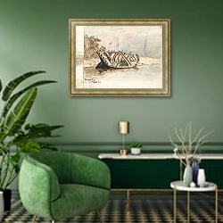 «Залив Фра Сэннокс, Арран» в интерьере гостиной в зеленых тонах