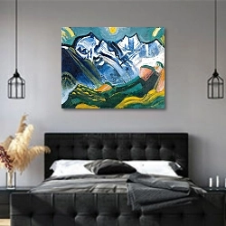 «Высокогорный пейзаж с Ширхорном» в интерьере современной спальни с черной кроватью