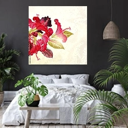 «Красные цветы гибискуса на ретро фоне» в интерьере современной спальни с черными стенами