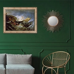 «Wreck of a Transport Ship» в интерьере классической гостиной с зеленой стеной над диваном