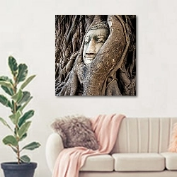 «Голова Будды в корнях дерева, Аюттхая, Таиланд 2» в интерьере современной светлой гостиной над диваном