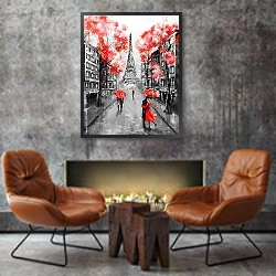 «Пара под зонтиком на улице Парижа в чёрно-красных тонах» в интерьере в стиле лофт с бетонной стеной над камином