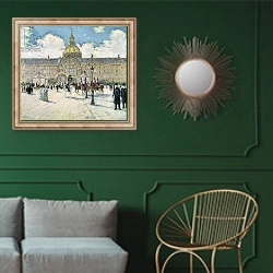 «The Hotel des Invalides» в интерьере классической гостиной с зеленой стеной над диваном