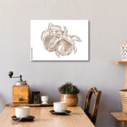 «Рисунок яблочной ветки с яблоками и листьями» в интерьере кухни над обеденным столом с кофемолкой
