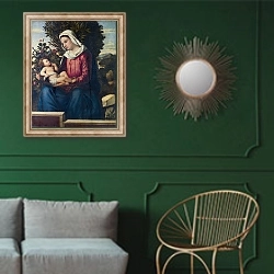 «Дева Мария с младенцем 6» в интерьере классической гостиной с зеленой стеной над диваном