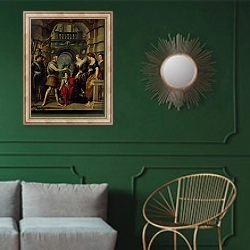 «The Medici Cycle: Henri IV leaving for the war in Germany, 1621-25» в интерьере классической гостиной с зеленой стеной над диваном