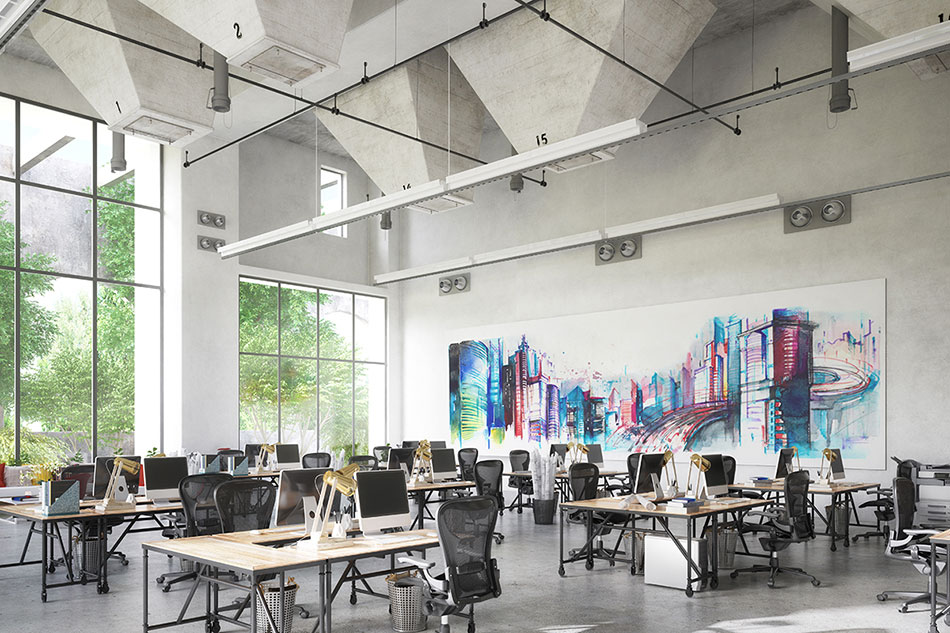 Большая панорама города в стиле граффити в современном просторном офисе в стиле лофт