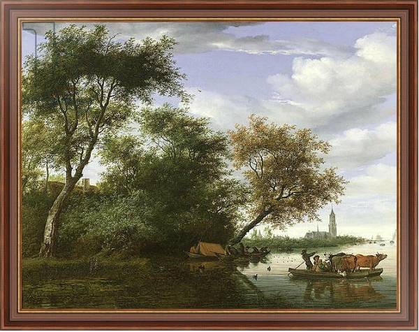 Постер Wooded river landscape with figures and cattle on a ferryboat с типом исполнения На холсте в раме в багетной раме 35-M719P-83