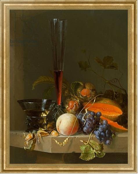 Постер Still life of fruit on a ledge with a roemer and a wine glass с типом исполнения На холсте в раме в багетной раме NA033.1.051