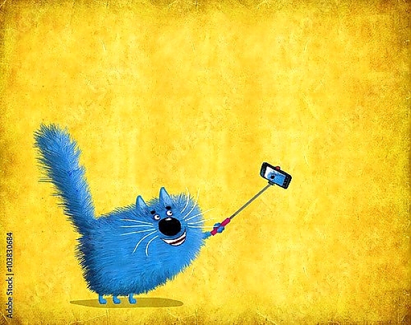 Постер Синий кот с телефоном с типом исполнения На холсте без рамы
