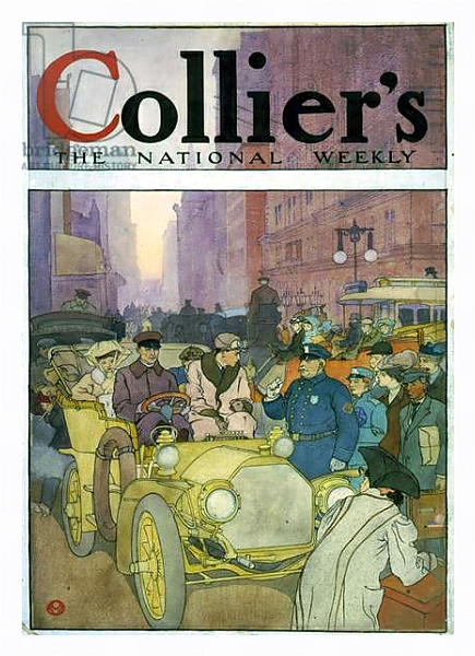 Постер Automobile in crowded street. Watercolour by Edward Penfield, 1866-1925, artist, 1907. с типом исполнения На холсте в раме в багетной раме 221-03