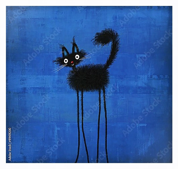 Постер Черный пушистый кот с длинными тонкими ногами с типом исполнения На холсте в раме в багетной раме 221-03