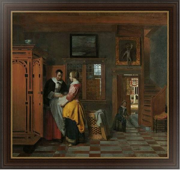 Постер Interior with Women beside a Linen Cupboard, 1663 с типом исполнения На холсте в раме в багетной раме 1.023.151