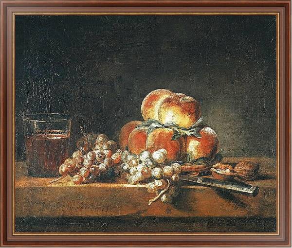 Постер Still Life of Peaches, Nuts, Grapes and a Glass of Wine, 1758 с типом исполнения На холсте в раме в багетной раме 35-M719P-83