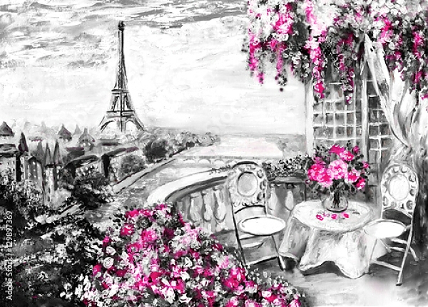 Постер Вид с балкона в розовых цветах на Эйфелеву башню с типом исполнения На холсте без рамы