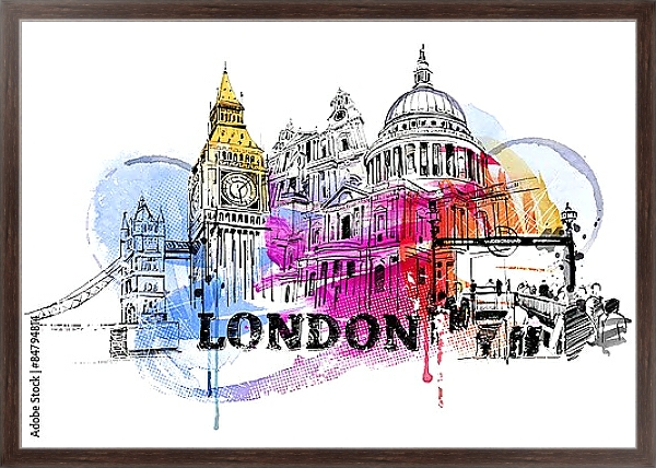 Постер Лондон скетч с типом исполнения На холсте в раме в багетной раме 221-02