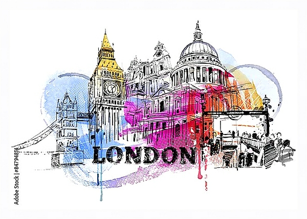 Постер Лондон скетч с типом исполнения На холсте в раме в багетной раме 221-03