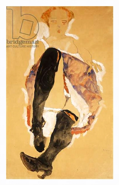 Постер Seated woman with Black Stockings; Sitzendes Madchen mit Schwarzen Strumpfen, 1911 с типом исполнения На холсте в раме в багетной раме 221-03