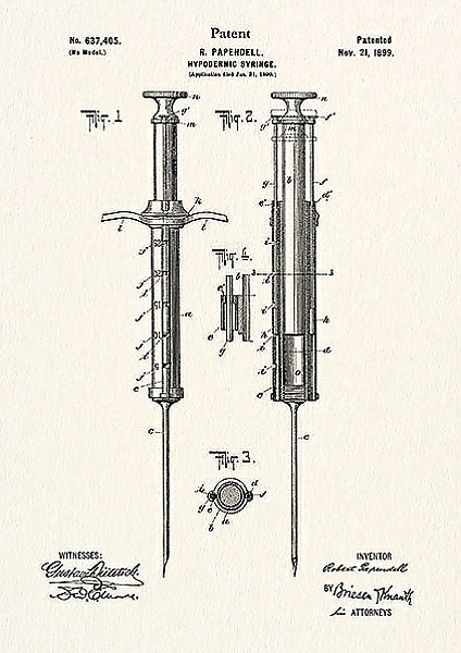 Постер Патент на шприц для подкожных инъекций, 1899г с типом исполнения На холсте без рамы