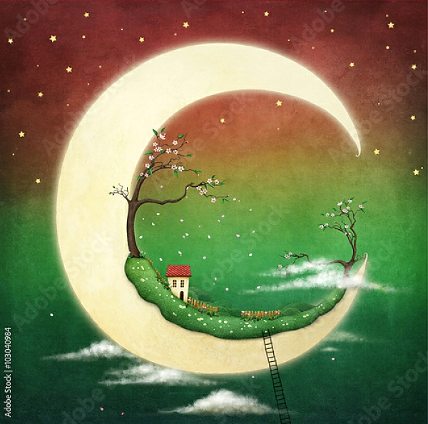 Постер Дом с вишневыми деревьями на луне с типом исполнения На холсте без рамы