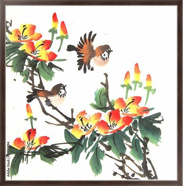 Постер Китайские птички на цветущем кусте с типом исполнения На холсте в раме в багетной раме 221-02