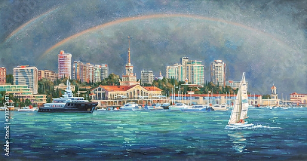 Постер Двойная радуга. Архитектурный пейзаж любимого города Сочи с типом исполнения На холсте без рамы