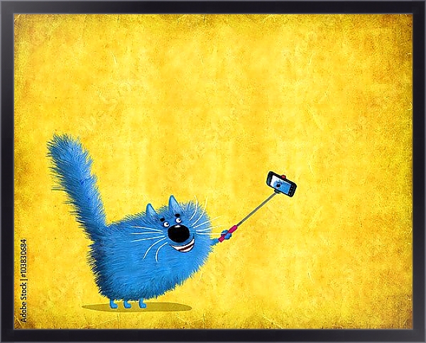 Постер Синий кот с телефоном с типом исполнения На холсте в раме в багетной раме 221-01