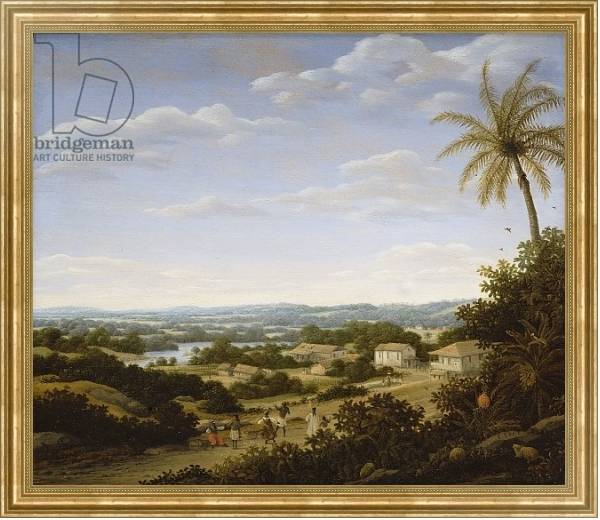 Постер Brazilian landscape with natives on a road approaching a village, 1665 с типом исполнения На холсте в раме в багетной раме NA033.1.051