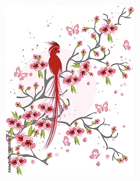 Постер Попугай на ветке цветущей вишни с типом исполнения На холсте в раме в багетной раме 221-03