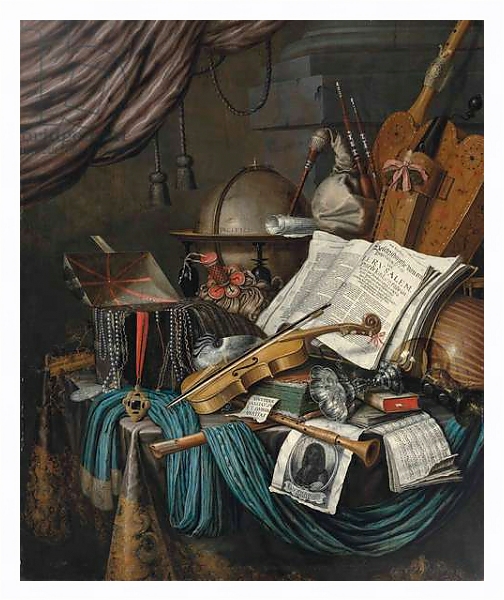 Постер A globe, a casket of jewels and medallions, books, a hurdy-gurdy, a bagpipe, a lute, a violin, an upturned silver tazza and roemer, a nautilus shell, a recorder, a shawm, a print with a self-portrait of the artist and a musical score on a draped table, a с типом исполнения На холсте в раме в багетной раме 221-03