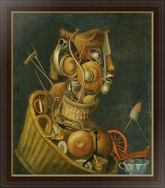Постер An Anthropomorphic Still Life With Pots, Pans, Cutlery, A Loom And Tools с типом исполнения На холсте в раме в багетной раме 1.023.151