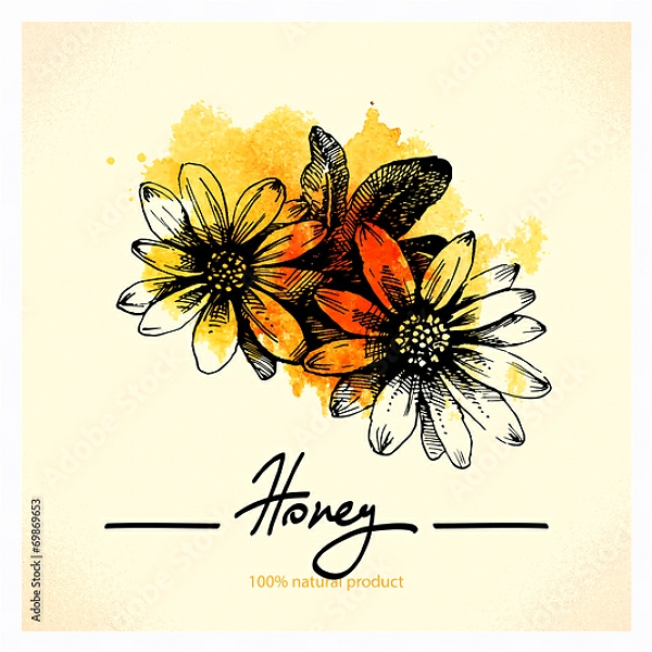 Постер Медовые цветы с желтой кляксой с типом исполнения На холсте в раме в багетной раме 221-03